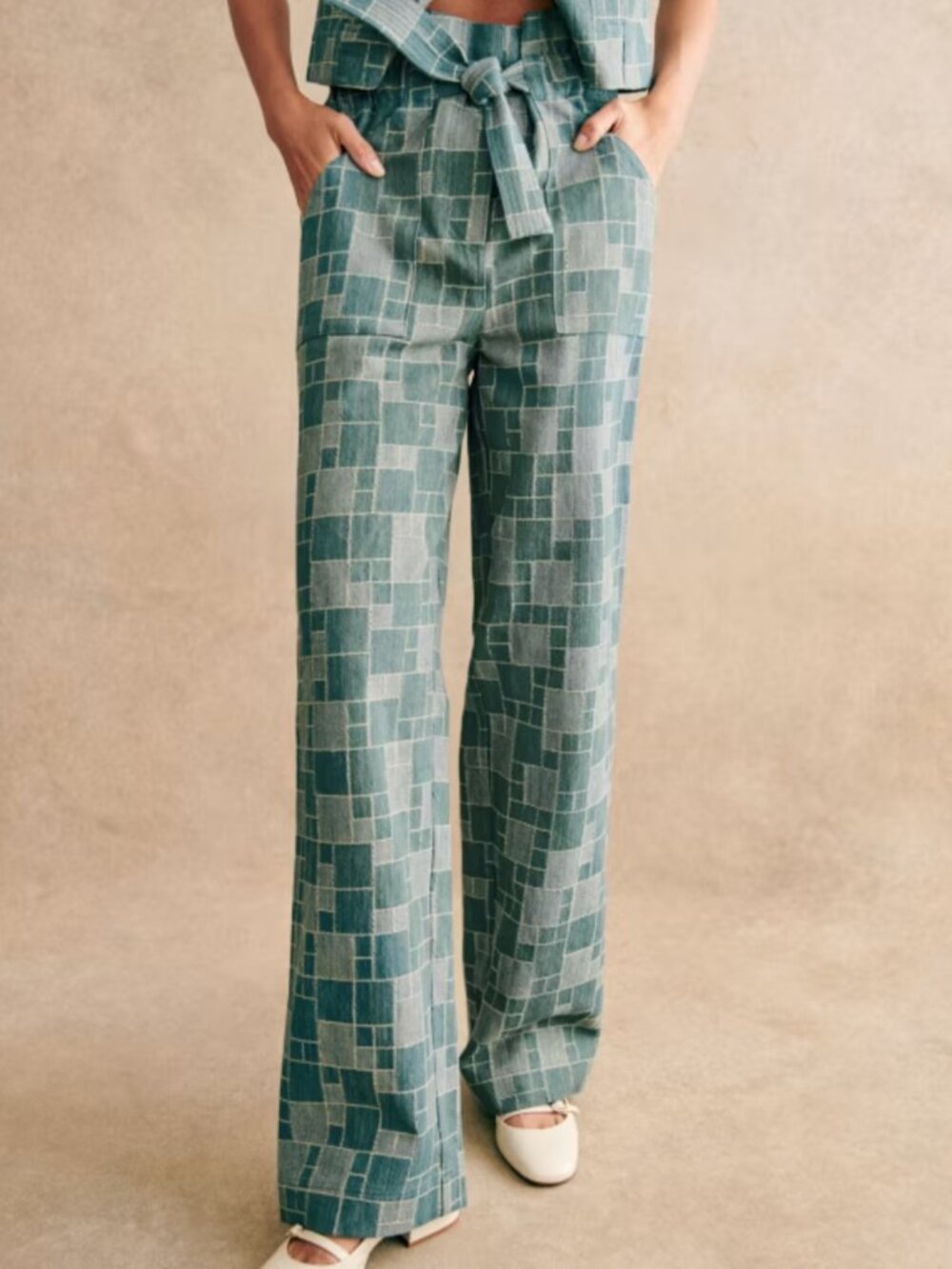 Sezane Teal Patchwork Loose Fit Wide-Leg Pants with Self-Tie - Size 6 (FR 38)